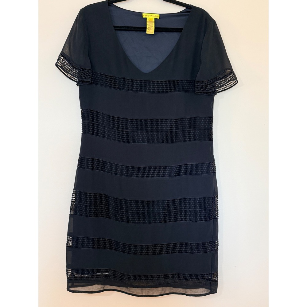 Catherine Malandrino Navy Blue Mesh Lattice Sheath Dress V-Neck Short Sleeve 10